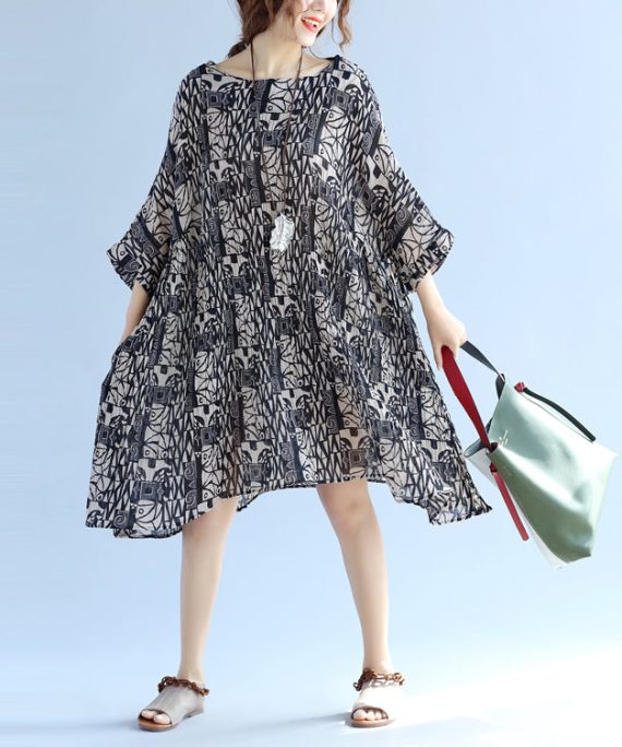 Elegant floral cotton linen knee dress oversized Batwing Sleeve large hem linen cotton dress casual O neck Cinched dresses
