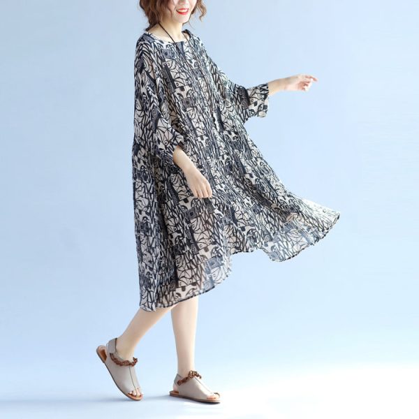 Elegant floral cotton linen knee dress oversized Batwing Sleeve large hem linen cotton dress casual O neck Cinched dresses - Image 3