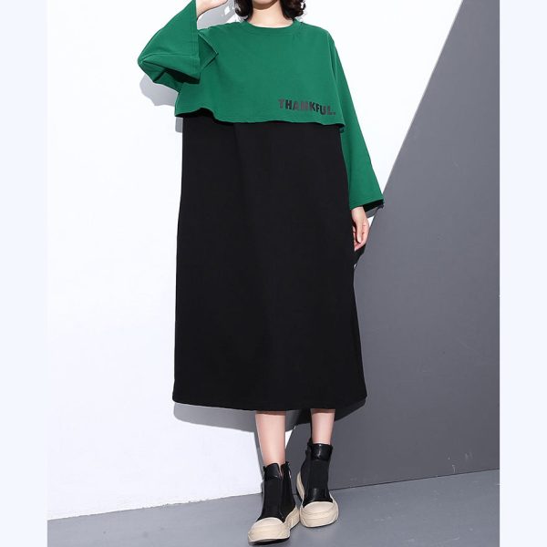 Elegant green autumn cotton dress oversized O neck gown New faux two pieces caftans - Image 2