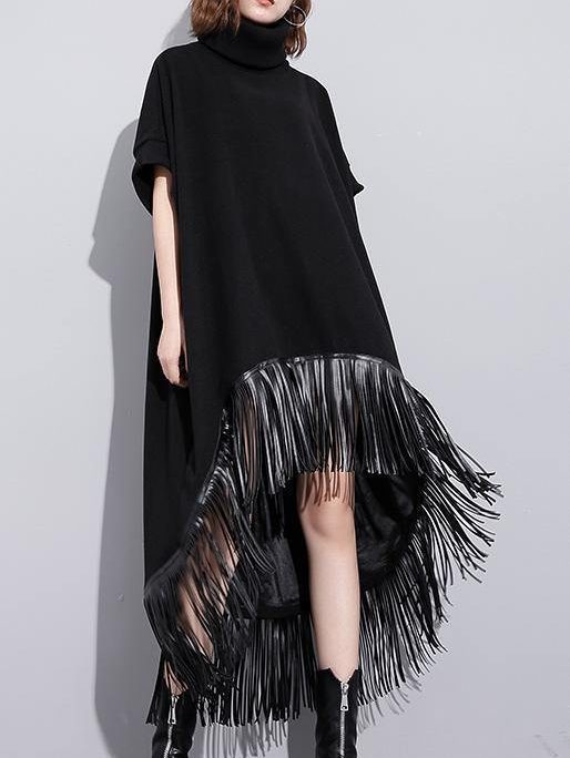 Elegant high neck tassel cotton Tunic Fabrics black Dresses