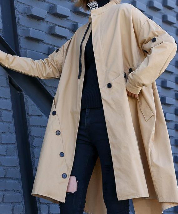 Elegant khaki Coat Women plus size medium length stand collar asymmetric coat