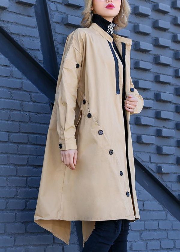 Elegant khaki Coat Women plus size medium length stand collar asymmetric coat - Image 3