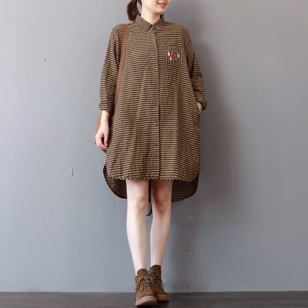 Elegant khaki striped linen knee dress plus size linen cotton dress lapel collar Fine low high design natural linen dress - Image 2