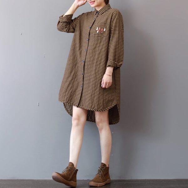 Elegant khaki striped linen knee dress plus size linen cotton dress lapel collar Fine low high design natural linen dress - Image 3