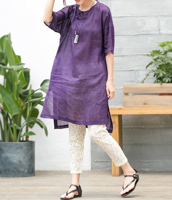Elegant purple natural cotton linen dress oversize traveling clothing Fine short sleeve O neck a line skirts cotton linen dress