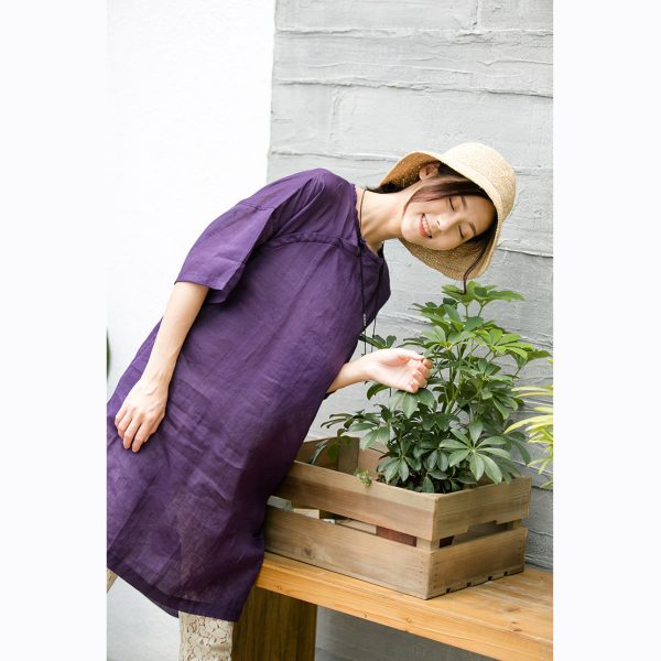Elegant purple natural cotton linen dress oversize traveling clothing Fine short sleeve O neck a line skirts cotton linen dress - Image 2