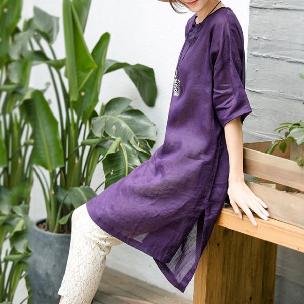 Elegant purple natural cotton linen dress oversize traveling clothing Fine short sleeve O neck a line skirts cotton linen dress - Image 3
