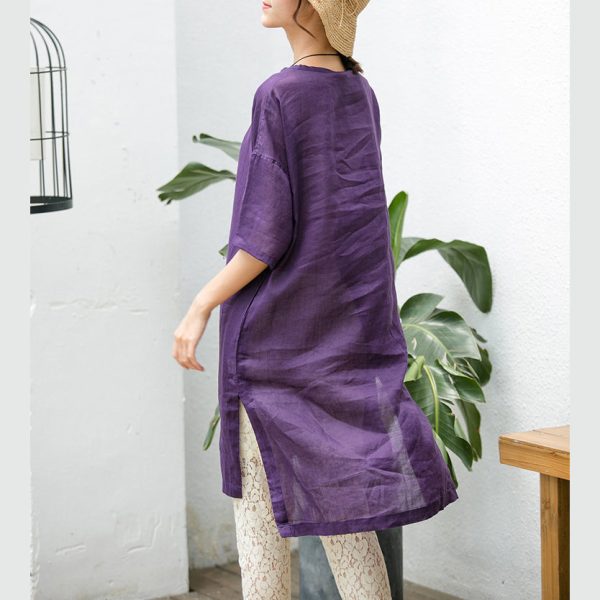 Elegant purple natural cotton linen dress oversize traveling clothing Fine short sleeve O neck a line skirts cotton linen dress - Image 4