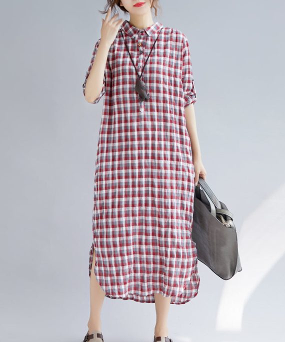 Elegant red Plaid cotton maxi shirt dress oversize Turn-down Collar gown 2018 long sleeve side open cotton shirt dresses