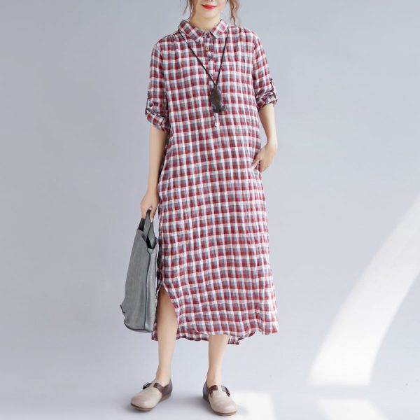 Elegant red Plaid cotton maxi shirt dress oversize Turn-down Collar gown 2018 long sleeve side open cotton shirt dresses - Image 2