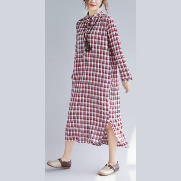 Elegant red Plaid cotton maxi shirt dress oversize Turn-down Collar gown 2018 long sleeve side open cotton shirt dresses - Image 3