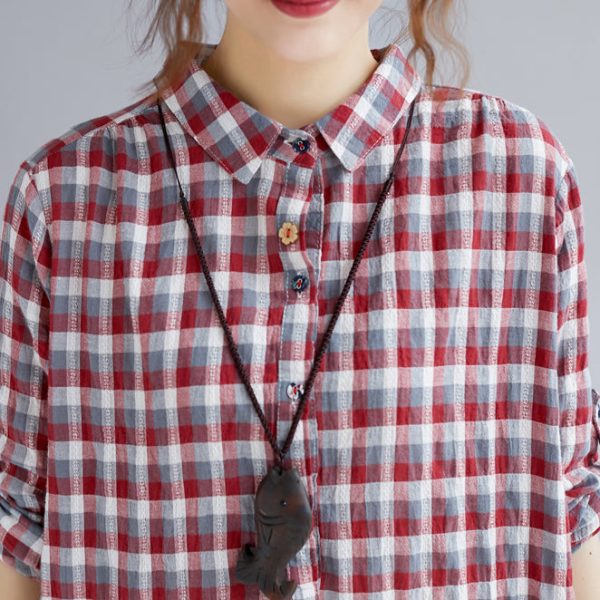 Elegant red Plaid cotton maxi shirt dress oversize Turn-down Collar gown 2018 long sleeve side open cotton shirt dresses - Image 5