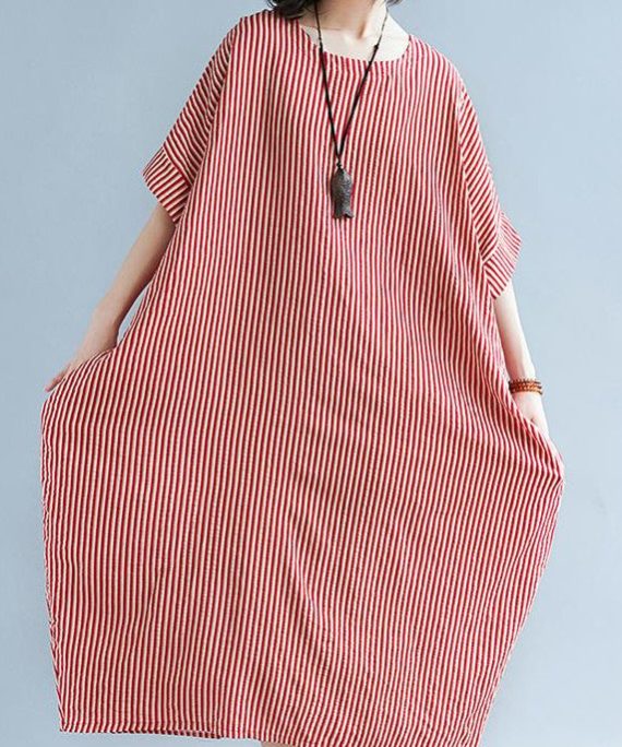Elegant red linen maxi dress plus size O neck striped linen clothing dresses Fine baggy dresses caftans