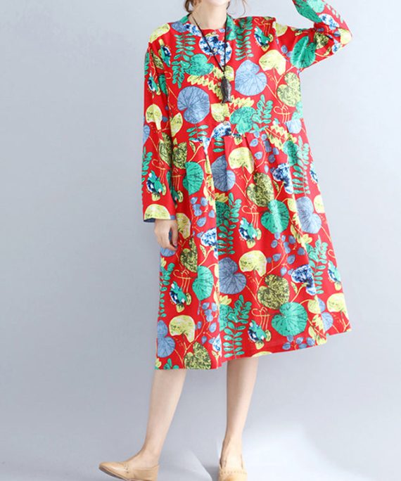 Elegant red prints pure linen dresses casual maxi dress women long sleeve patchwork midi dress