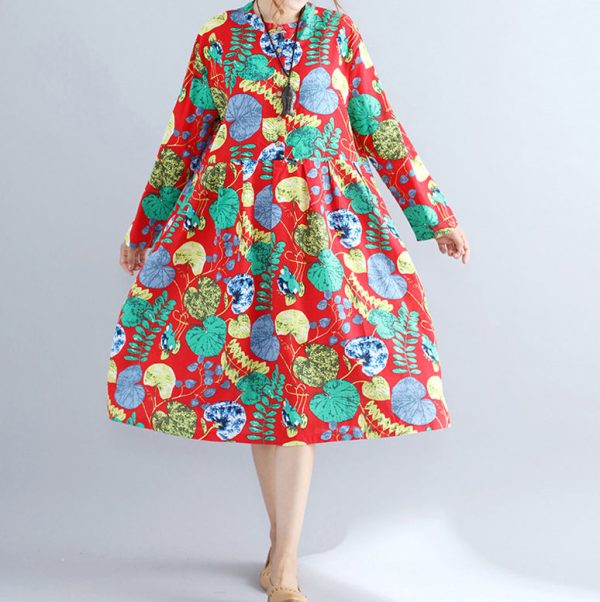 Elegant red prints pure linen dresses casual maxi dress women long sleeve patchwork midi dress - Image 2