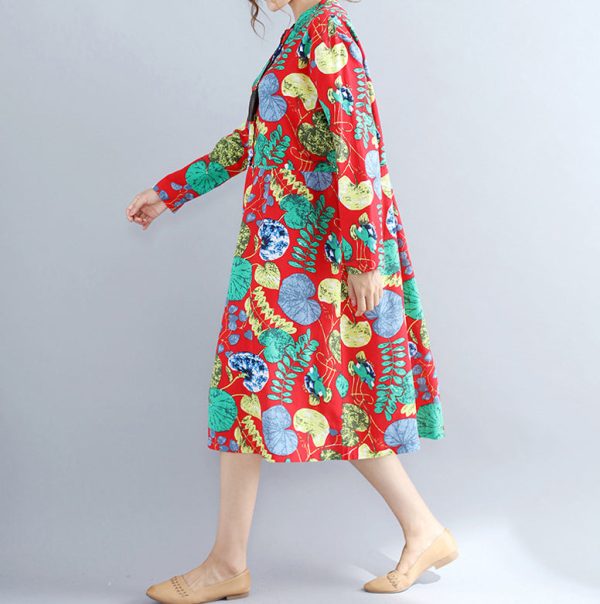 Elegant red prints pure linen dresses casual maxi dress women long sleeve patchwork midi dress - Image 3