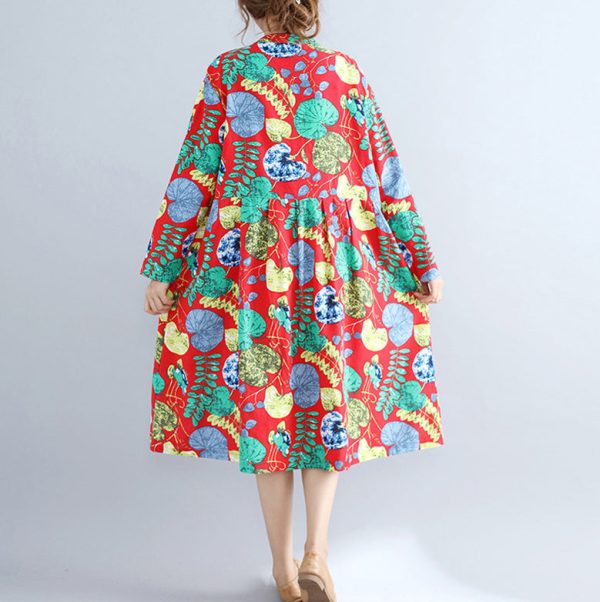 Elegant red prints pure linen dresses casual maxi dress women long sleeve patchwork midi dress - Image 4