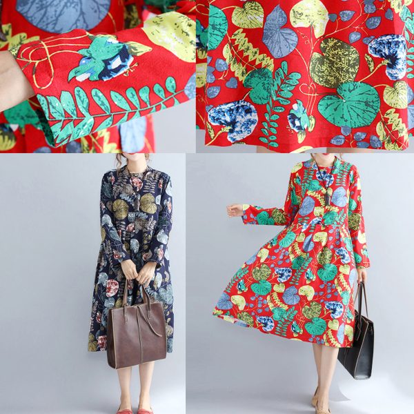 Elegant red prints pure linen dresses casual maxi dress women long sleeve patchwork midi dress - Image 5