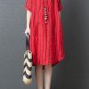Elegant red striped cotton tunic dress stand collar loose summer Dresses