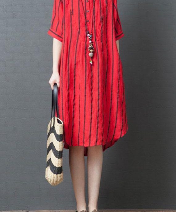 Elegant red striped cotton tunic dress stand collar loose summer Dresses