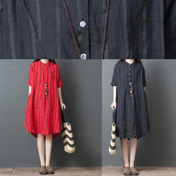 Elegant red striped cotton tunic dress stand collar loose summer Dresses - Image 5