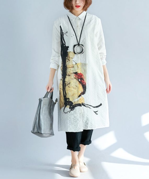 Elegant white pure cotton shirt dresses plus size cotton dresses New long sleeve Turn-down Collar pockets cotton shirt dress