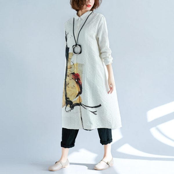 Elegant white pure cotton shirt dresses plus size cotton dresses New long sleeve Turn-down Collar pockets cotton shirt dress - Image 2
