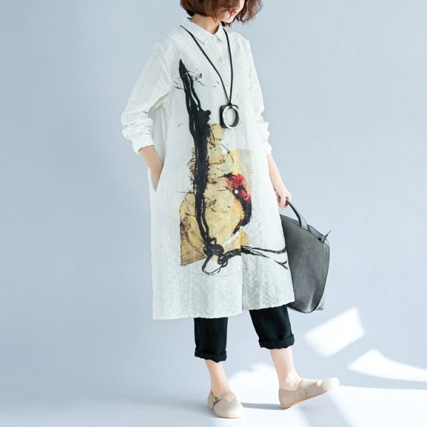 Elegant white pure cotton shirt dresses plus size cotton dresses New long sleeve Turn-down Collar pockets cotton shirt dress - Image 3