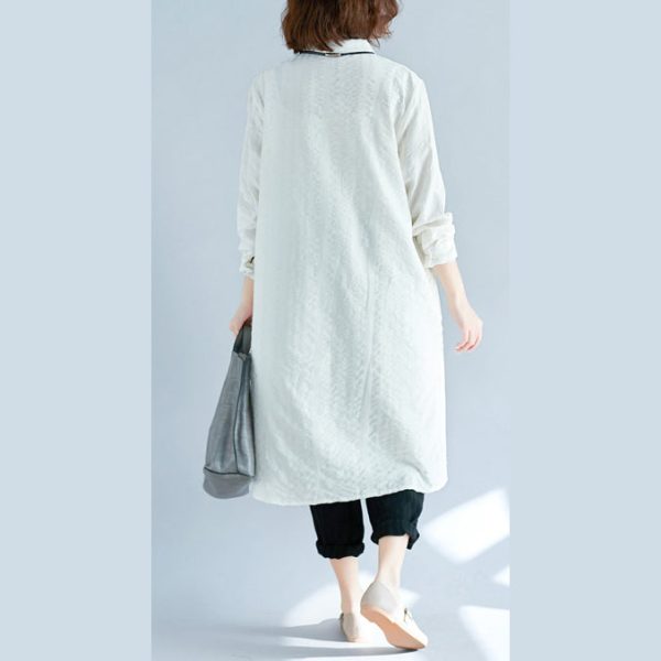 Elegant white pure cotton shirt dresses plus size cotton dresses New long sleeve Turn-down Collar pockets cotton shirt dress - Image 4