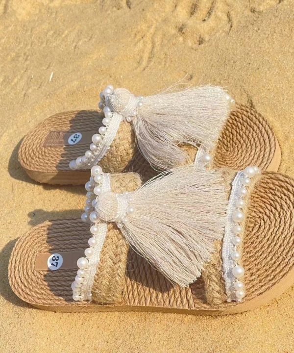 Ethnic Style Tassel Grass Woven Beach Flat Slide Sandals - Image 3