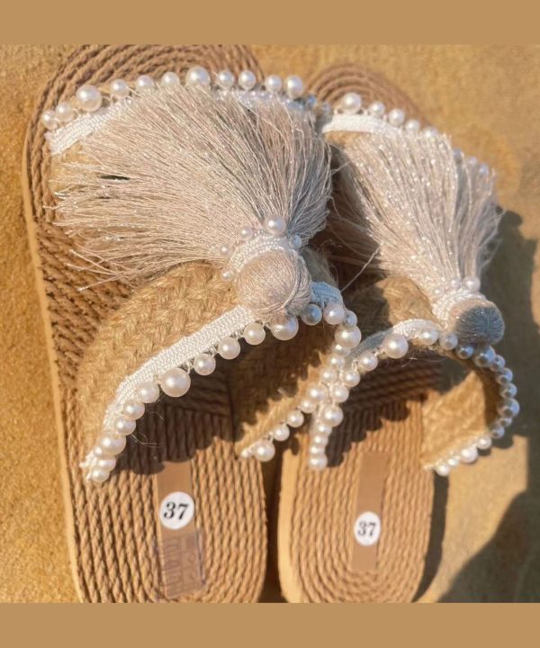 Ethnic Style Tassel Grass Woven Beach Flat Slide Sandals - Image 4