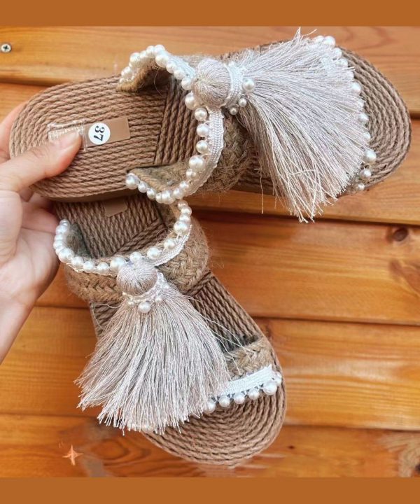 Ethnic Style Tassel Grass Woven Beach Flat Slide Sandals - Image 5