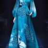 Exquisite Blue Stand Collar Printed Tie Waist Dress Autumn