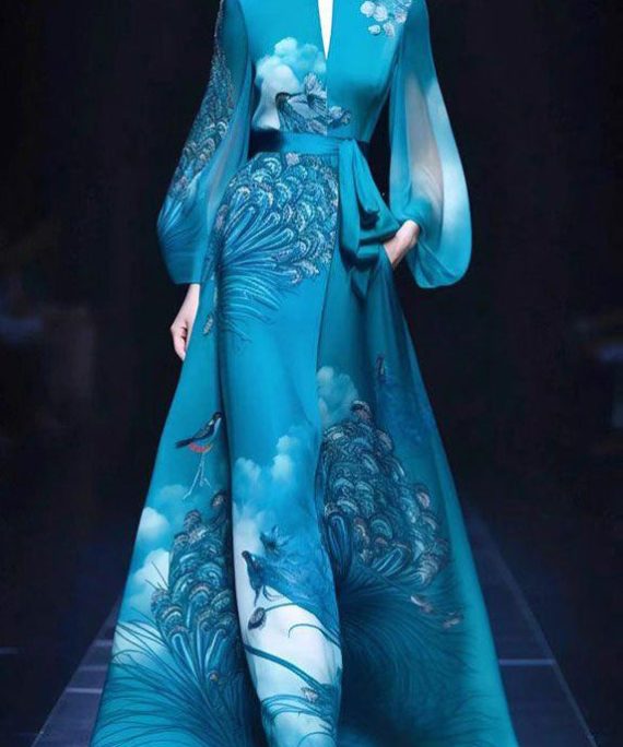 Exquisite Blue Stand Collar Printed Tie Waist Dress Autumn