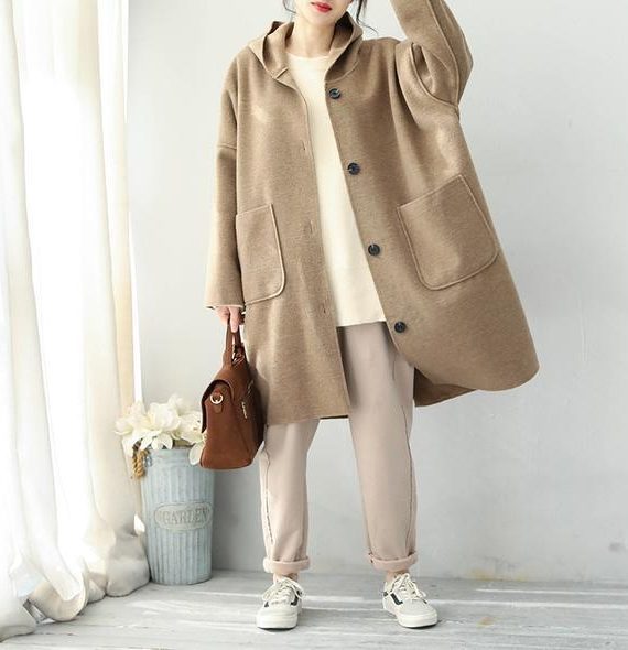 Fashion 2018 Khaki Simple Hoodie Medium Length Woolen Coat For Women