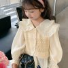 Fashion Apricot Peter Pan Collar False Two Pieces Cotton Knit Girls Shirt Spring