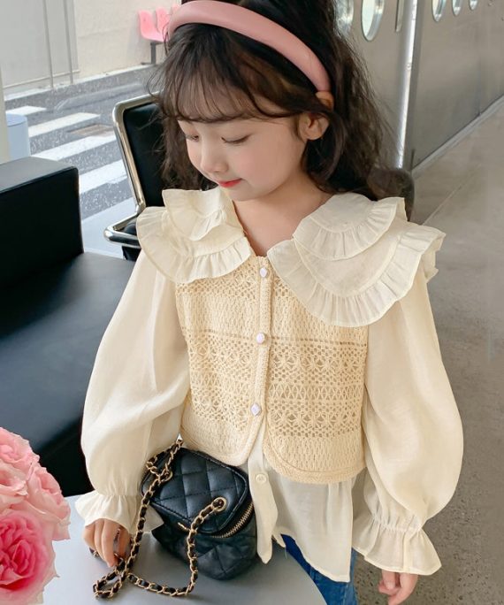 Fashion Apricot Peter Pan Collar False Two Pieces Cotton Knit Girls Shirt Spring
