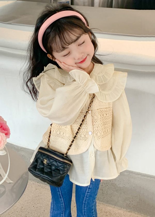 Fashion Apricot Peter Pan Collar False Two Pieces Cotton Knit Girls Shirt Spring - Image 3