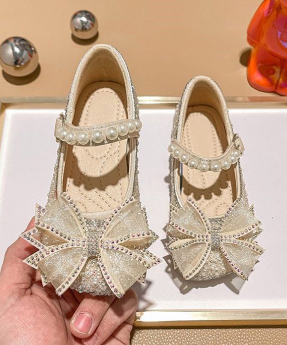 Fashion Apricot Zircon Pearl Kids Buckle Strap Flats