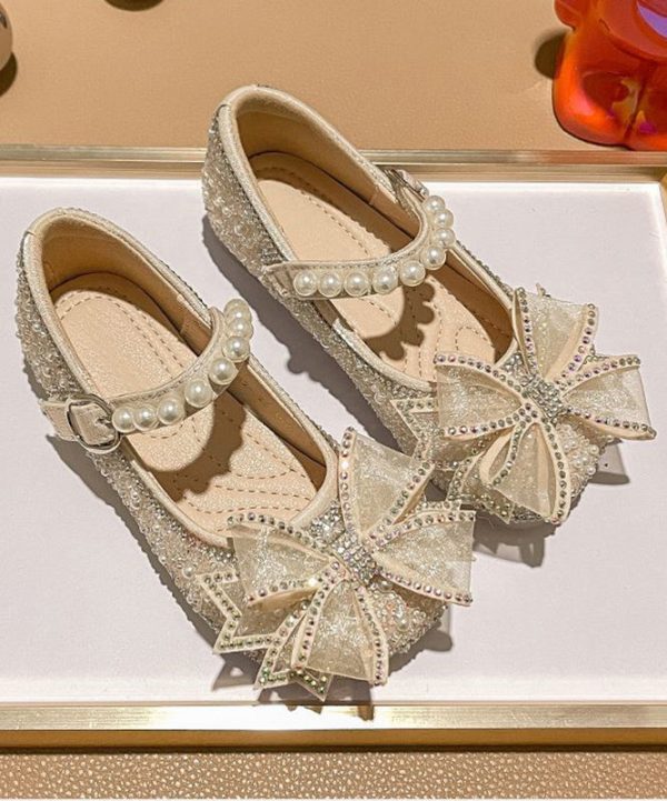 Fashion Apricot Zircon Pearl Kids Buckle Strap Flats - Image 2