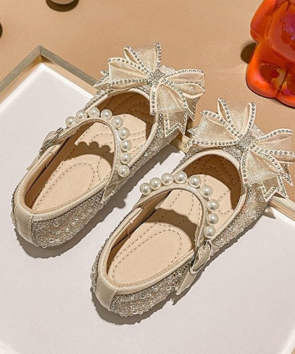 Fashion Apricot Zircon Pearl Kids Buckle Strap Flats - Image 3