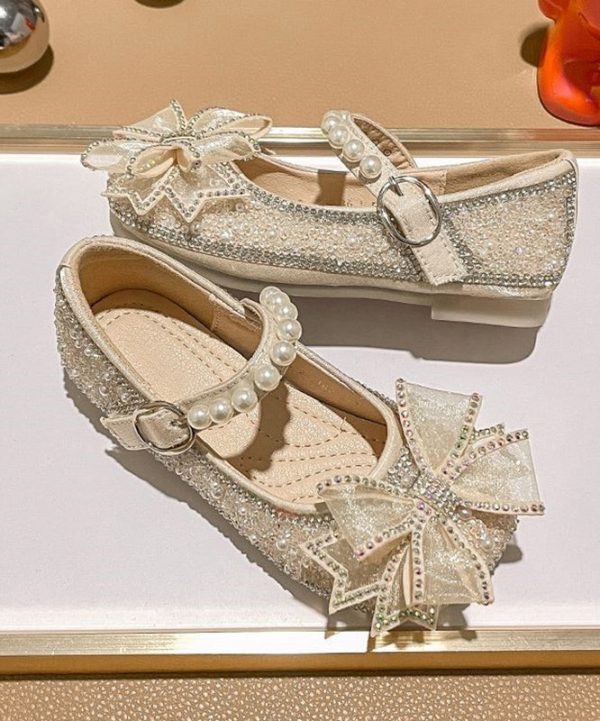 Fashion Apricot Zircon Pearl Kids Buckle Strap Flats - Image 4