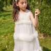 Fashion Beige O-Neck Patchwork Tulle Kids Mid Dresses Summer