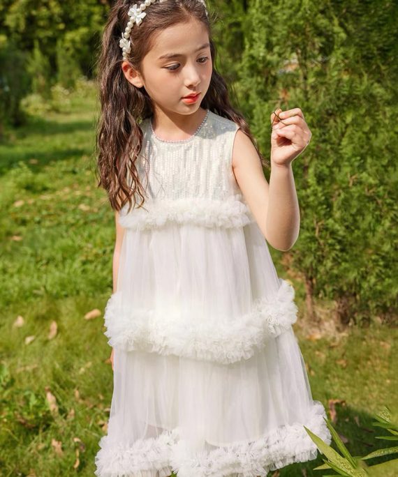 Fashion Beige O-Neck Patchwork Tulle Kids Mid Dresses Summer