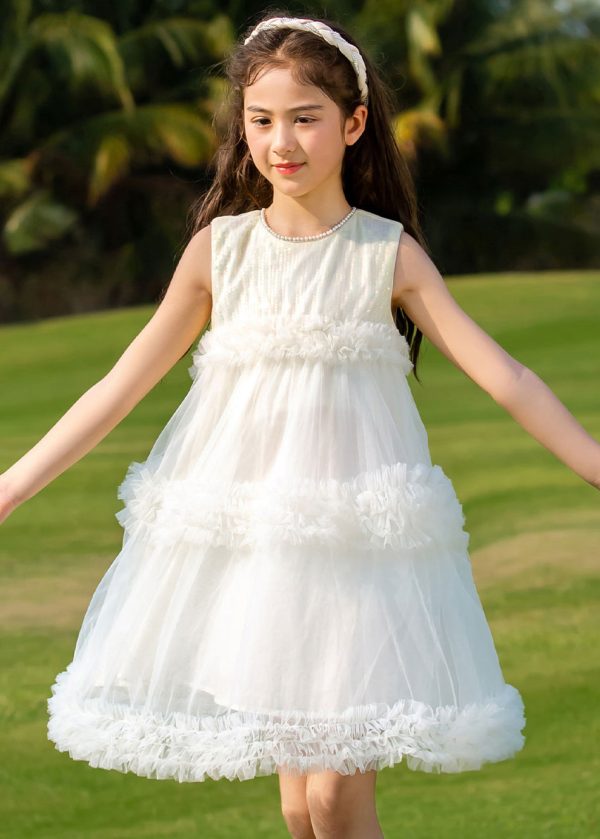 Fashion Beige O-Neck Patchwork Tulle Kids Mid Dresses Summer - Image 2