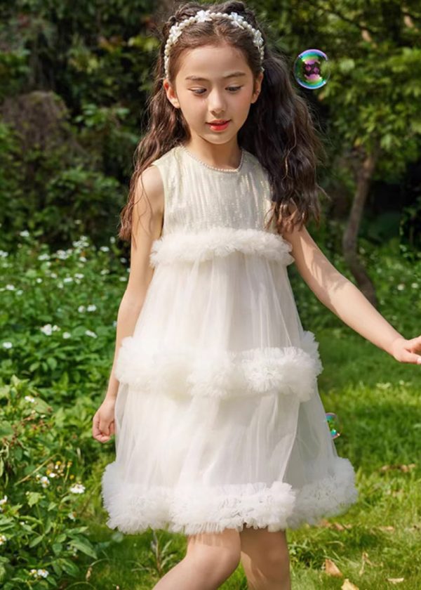 Fashion Beige O-Neck Patchwork Tulle Kids Mid Dresses Summer - Image 3