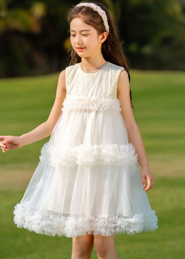 Fashion Beige O-Neck Patchwork Tulle Kids Mid Dresses Summer - Image 4