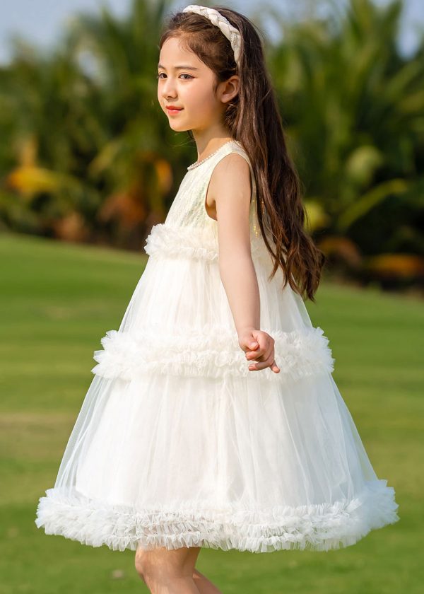 Fashion Beige O-Neck Patchwork Tulle Kids Mid Dresses Summer - Image 5