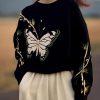 Fashion Black O Neck Butterfly Print Knit Sweaters Spring