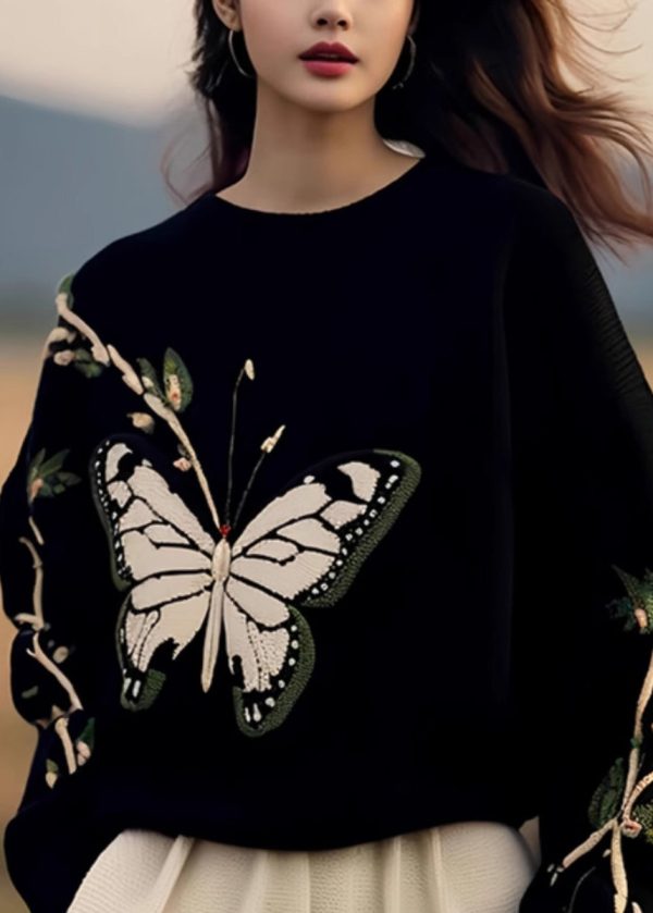 Fashion Black O Neck Butterfly Print Knit Sweaters Spring - Image 3